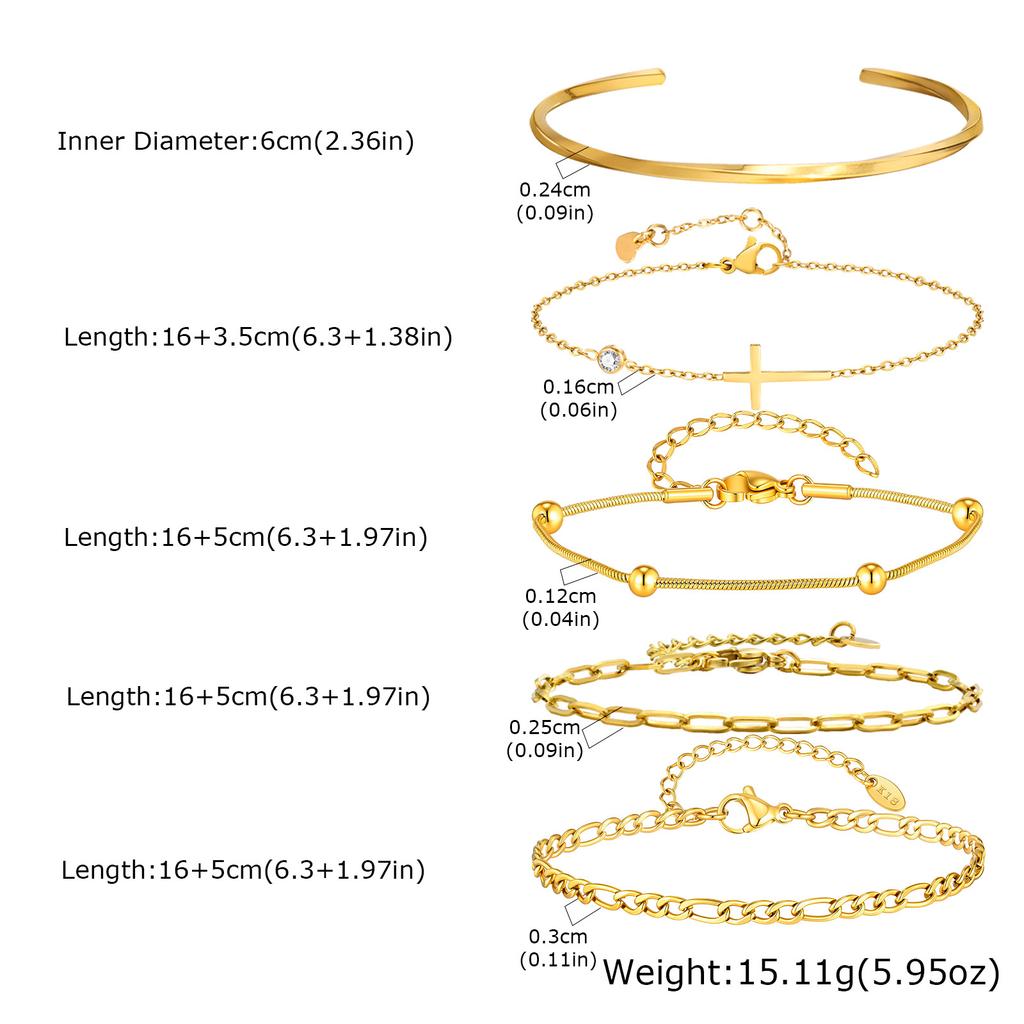 5pcs Bracelet Set for Women, Stainless Steel Stackable 18K Gold Plated Cross Paperclip Cuban Chain Bracelets Stack Waterproof