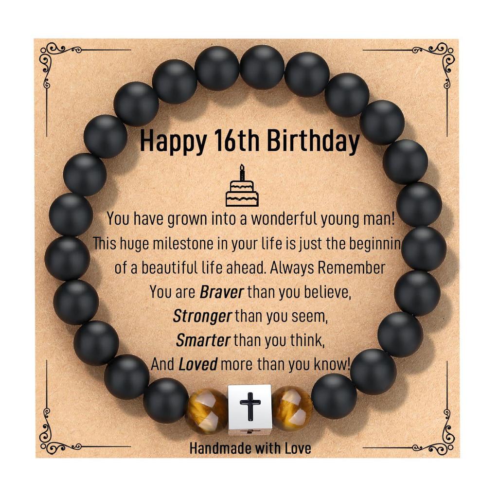 Black Matte Stone & Tiger Eye Square Cross Pendant Bracelet