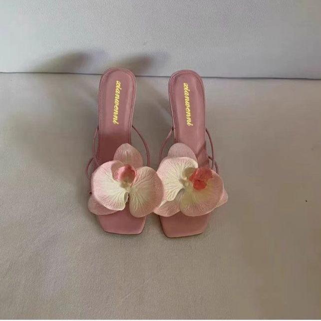 Fashion Fashion Women Heels Slippers Elegant Flower Design Women's Slippers Summer Comfortable Solid Color Beach Sandals Sandalias Mujer