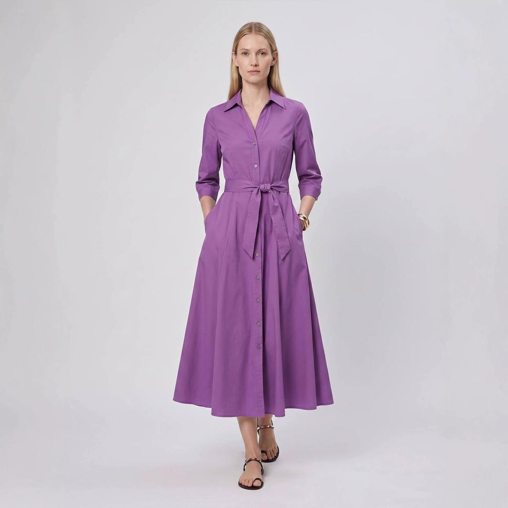 Amazon 2026 European and American cross-border women's clothing summer solid color lapel slim long-sleeved dress new women's clothing belt
