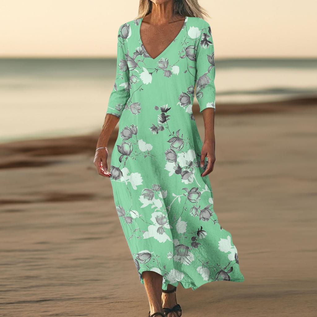 Dresses For Womens Vintage Print Tunic Waisted Midi Dress Summer Casual  3/4 Sleeve Dress