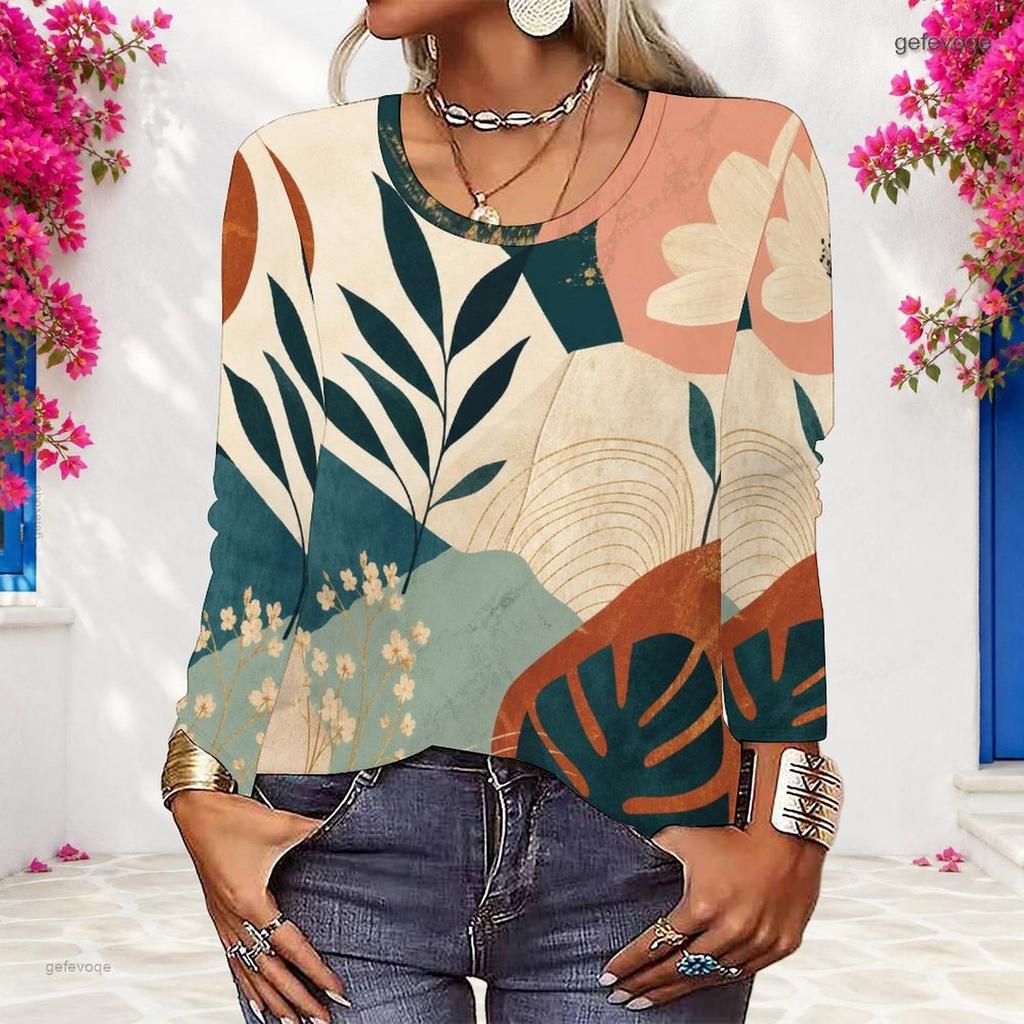 Women Plus Size White Abstract Printed Round Neck Long Sleeve Pullover Sweatshirt