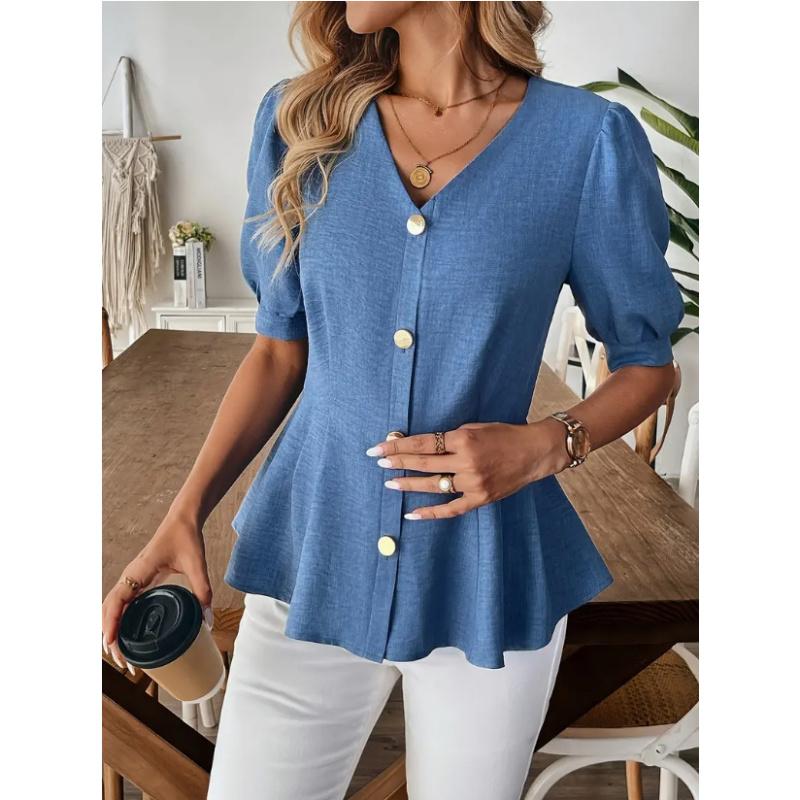 Damenbekleidung Sommerhemd Mit Elegantem V-Ausschnitt Aufgebauschte Kurze Ärmel Einfarbig Schlank Geschnitten Bluse Für Damen