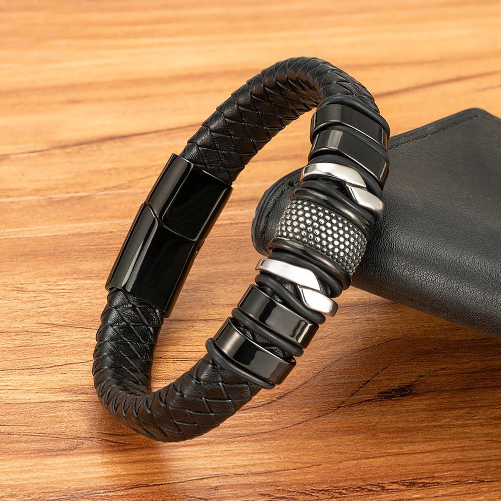 Fashion Braided Rope Wrap Black Leather Bracelets for Men Classic Style Stainless Steel Bangle Couple Charm Jewelry Gifts