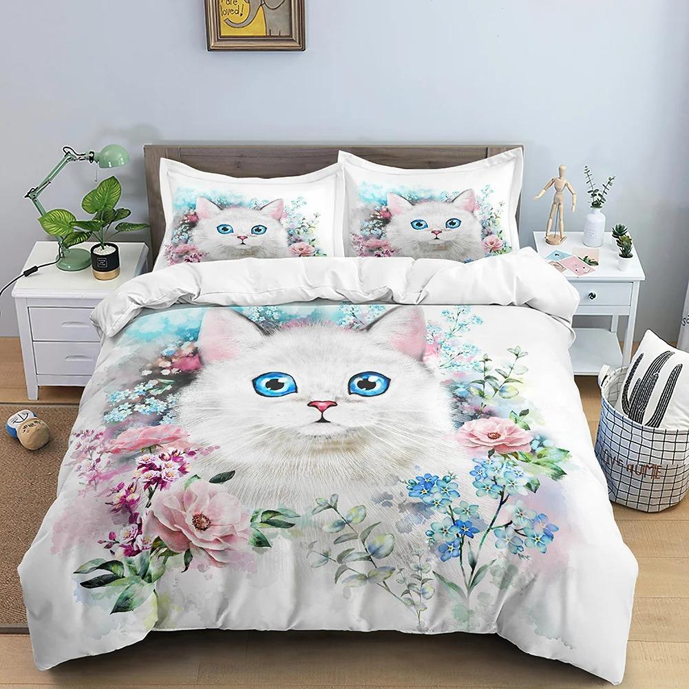 Animals Cute Cat Bedding Set Boys Girls Twin Queen Size Duvet Cover Pillowcase Bed Kids Adult Fashion Home Textileextile