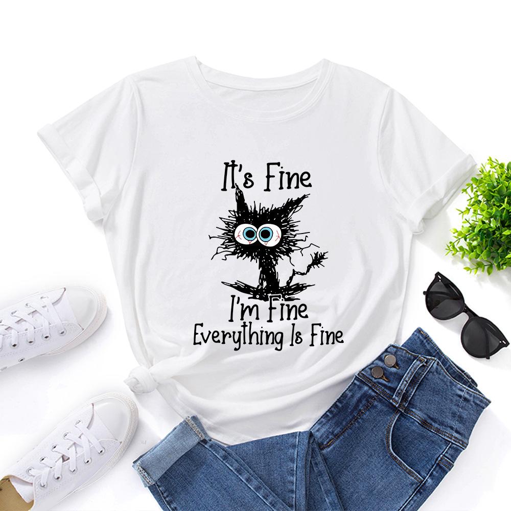 

Women s Cat Letter Printed Loose Round Neck Short Sleeved T-shirt for Women Shirt 6xl
