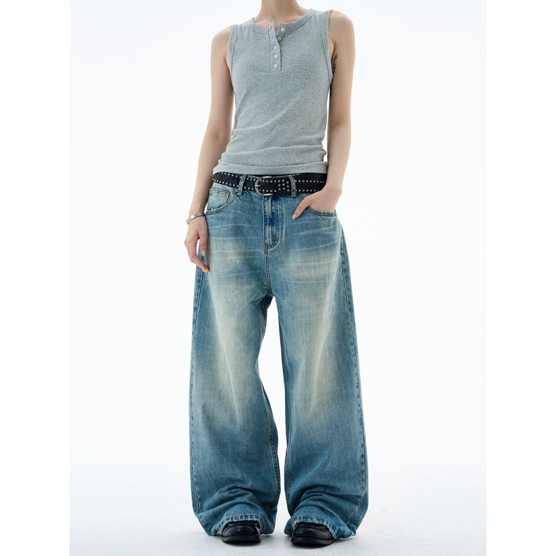 Madwitch Retro Cool Washed Straight-Leg Jeans for Men and Women, Loose Casual High Street Distressed Wide-Leg Pants Trendy