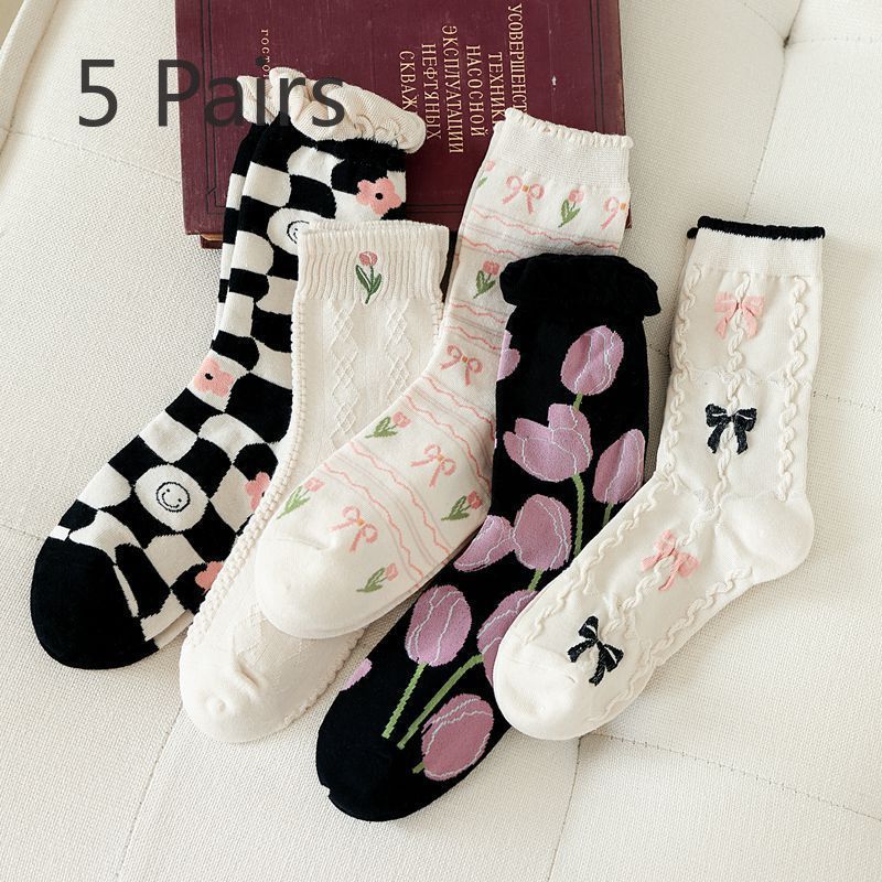 

5 Pairs of Cream Beige Bow Socks for Women, Spring and Summer Cotton Socks, Trendy and Fresh Tulip Flower Piles, Long Socks 5 pairs