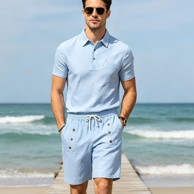 Men’s Lapel Linen Polo Shirt, Summer Loose-Fit Casual Shorts with Chest Pocket, Summer Set