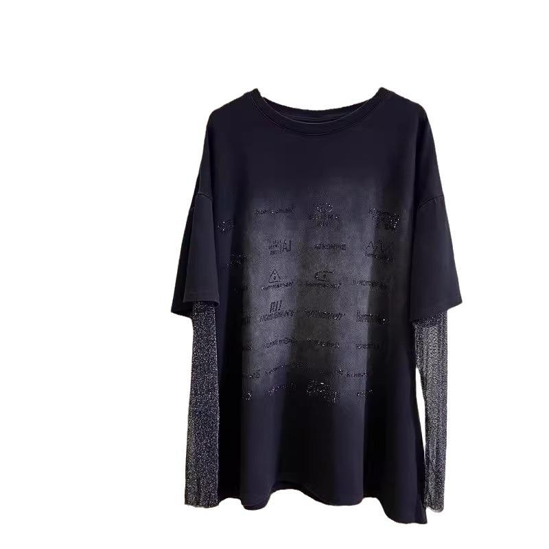 Women's Spring Summer Thin Plus Size Black Loose Fake Two Piece Long Sleeve T-shirt Round Neck Coat