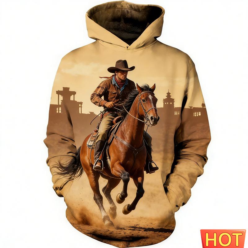 Retro Cowboy Pferd Grafik 3D Druck Hoodies Für Männer Interessantes Tier Design Herren Damen Streetwear Pullover Lässiges Sweatshirt