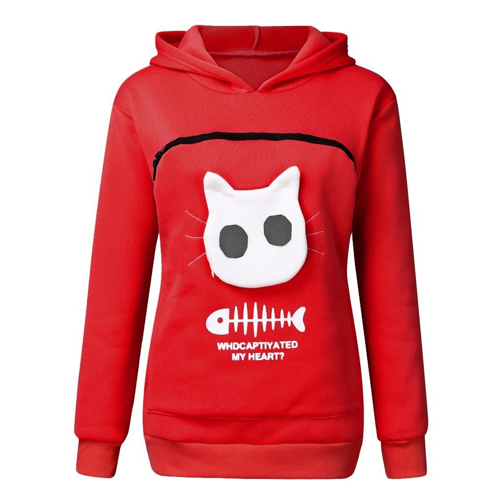 Women’s Sweatshirt  Pouch Hood Tops Carry Cat Breathable Pullover Blouse