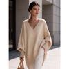 Women V Neck Loose Sweater Mid Length Long Sleeve Cozy Knit Top Fall Winter
