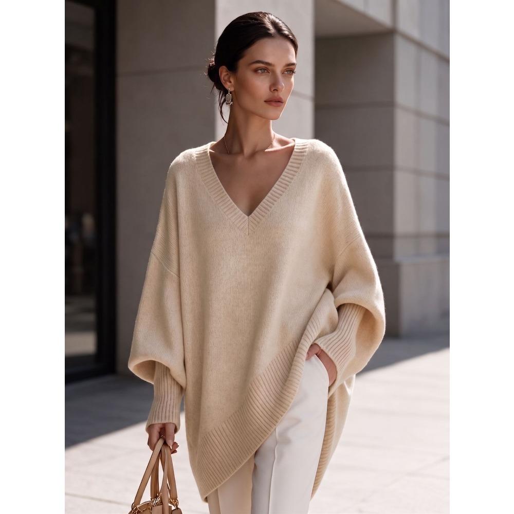 Women V Neck Loose Sweater Mid Length Long Sleeve Cozy Knit Top Fall Winter