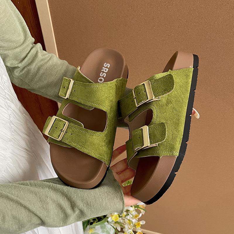 Green thick-soled one-word slippers women's summer wear non-slip soft-soled Birkencool slippers