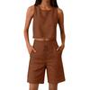 Damen ärmelloses Crop-Top und weite Bermuda-Shorts Set Leinenmischung Lässiges Sommer-Outfit Elastischer Bund Kordelzug Taschen