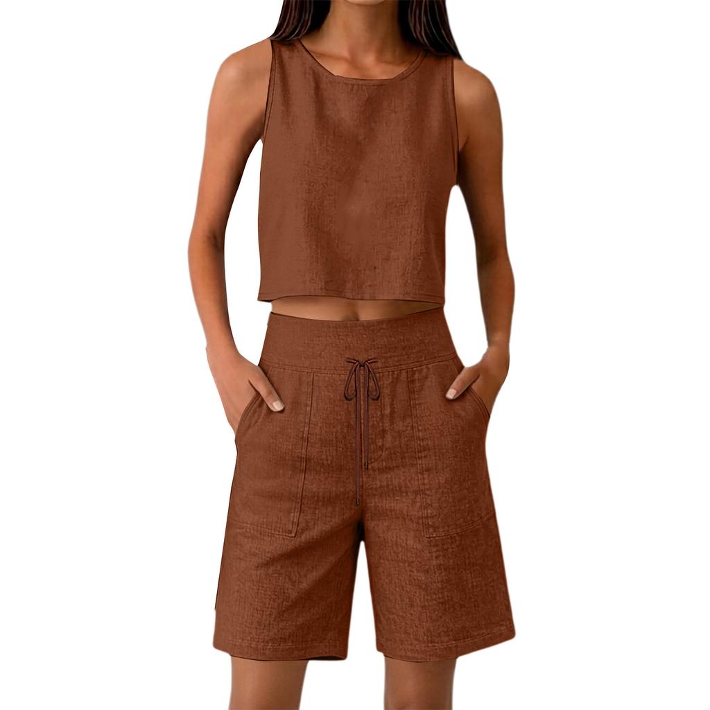 Damen ärmelloses Crop-Top und weite Bermuda-Shorts Set Leinenmischung Lässiges Sommer-Outfit Elastischer Bund Kordelzug Taschen