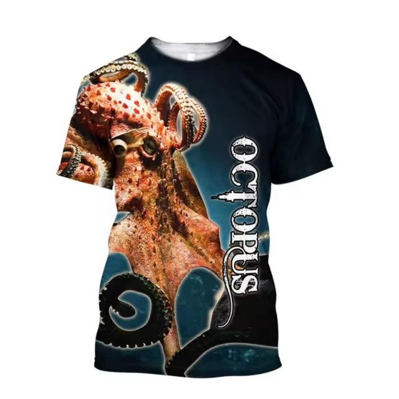 Men'S New Summer 3d Printing Hd Printed O-Collar Short Sleeve T-Shirt Ocean Octopus Art Personality Retro Plus Size Loose Top