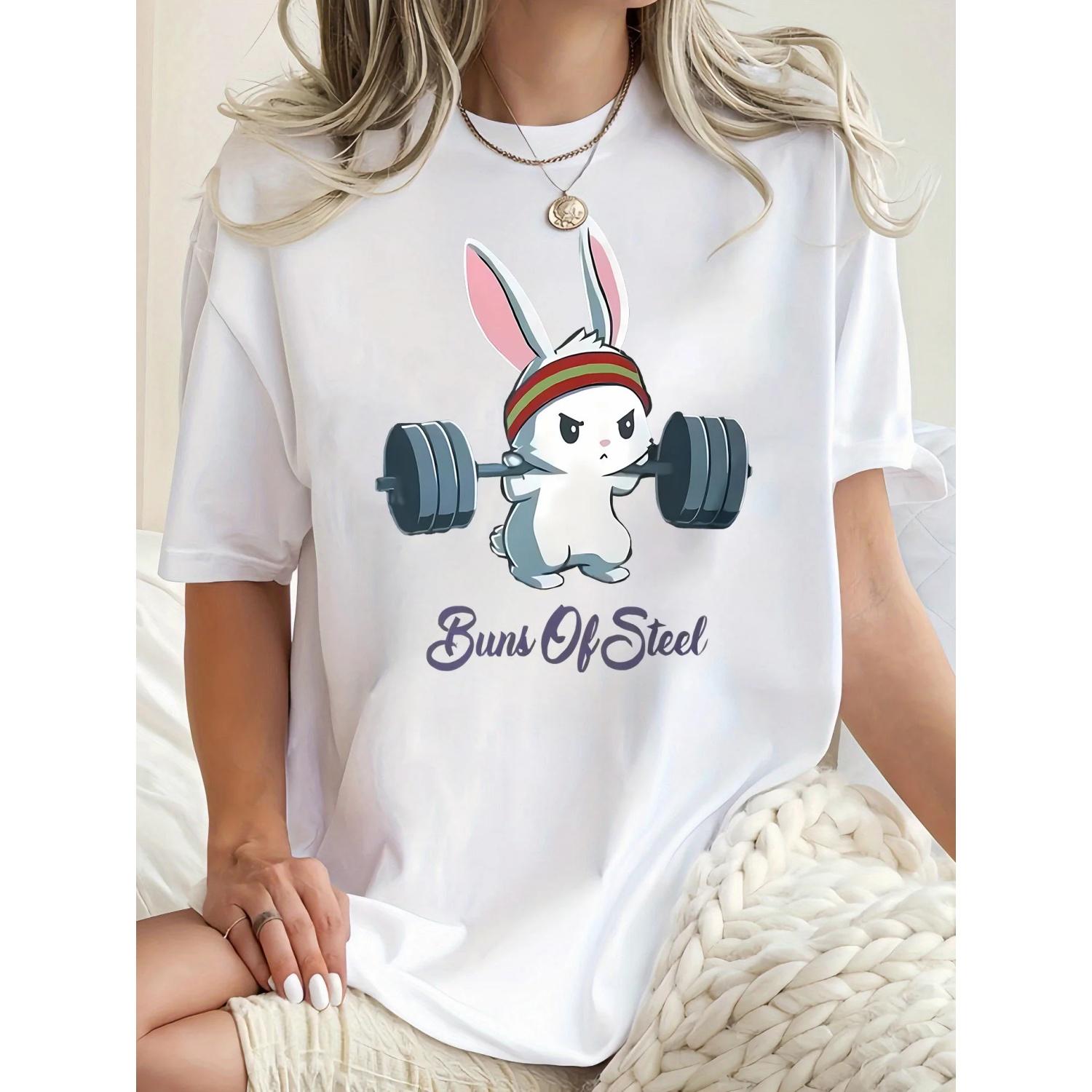 

Women S Funny Workout Rabbit Print T-Shirt Casual Crew Neck Short Sleeve Animal Pattern All-Season Comfort Fit Top S белый