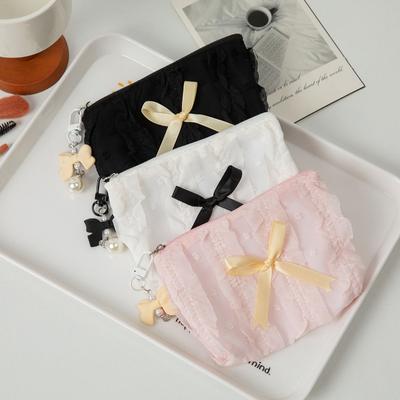 Cute Bow Girls Storage Bag Solid Color Soft Coin Purse Lipstick Headphone Bag Large Capacity Lace Clutch Bag