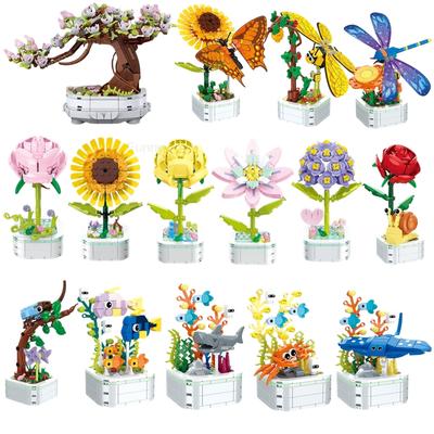64 Stile Rose Blume Baustein Blume Ewiger Strauß Kaktus Modell Pflanzendekoration Lernspielzeug für Kinder Geschenk