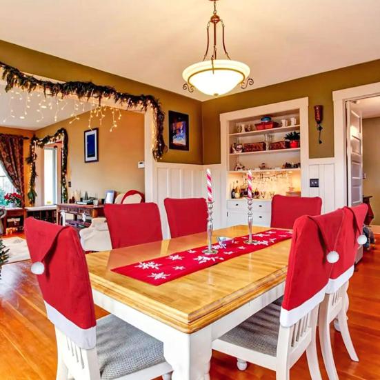 Reusable Dining Room Seat Covers Christmas Chair Cover, Red Santa Hat Slipcover, Holiday Restaurant Decoration Supplies Back Cover with Pom