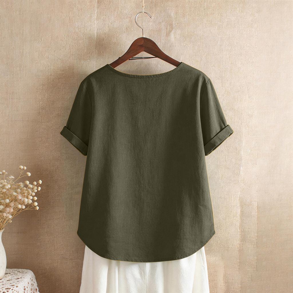 Women's Fashion  Color Loose Casual Round Neck Cotton Linen Top