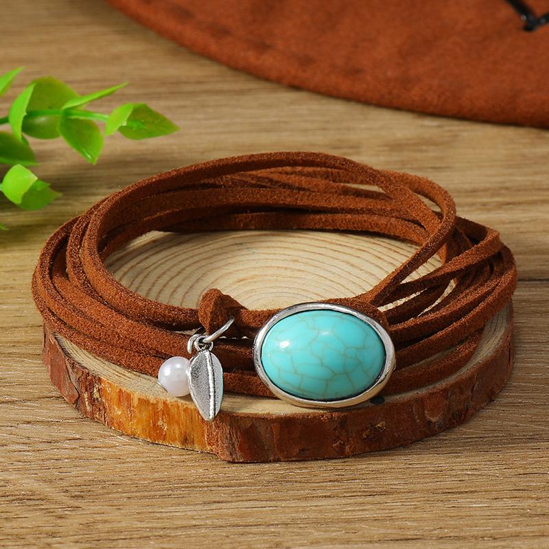 Bohemian Style Leather Rope Turquoise Pendant Necklace For Women Vintage Simple Jewelry Gifts Choker Accessories