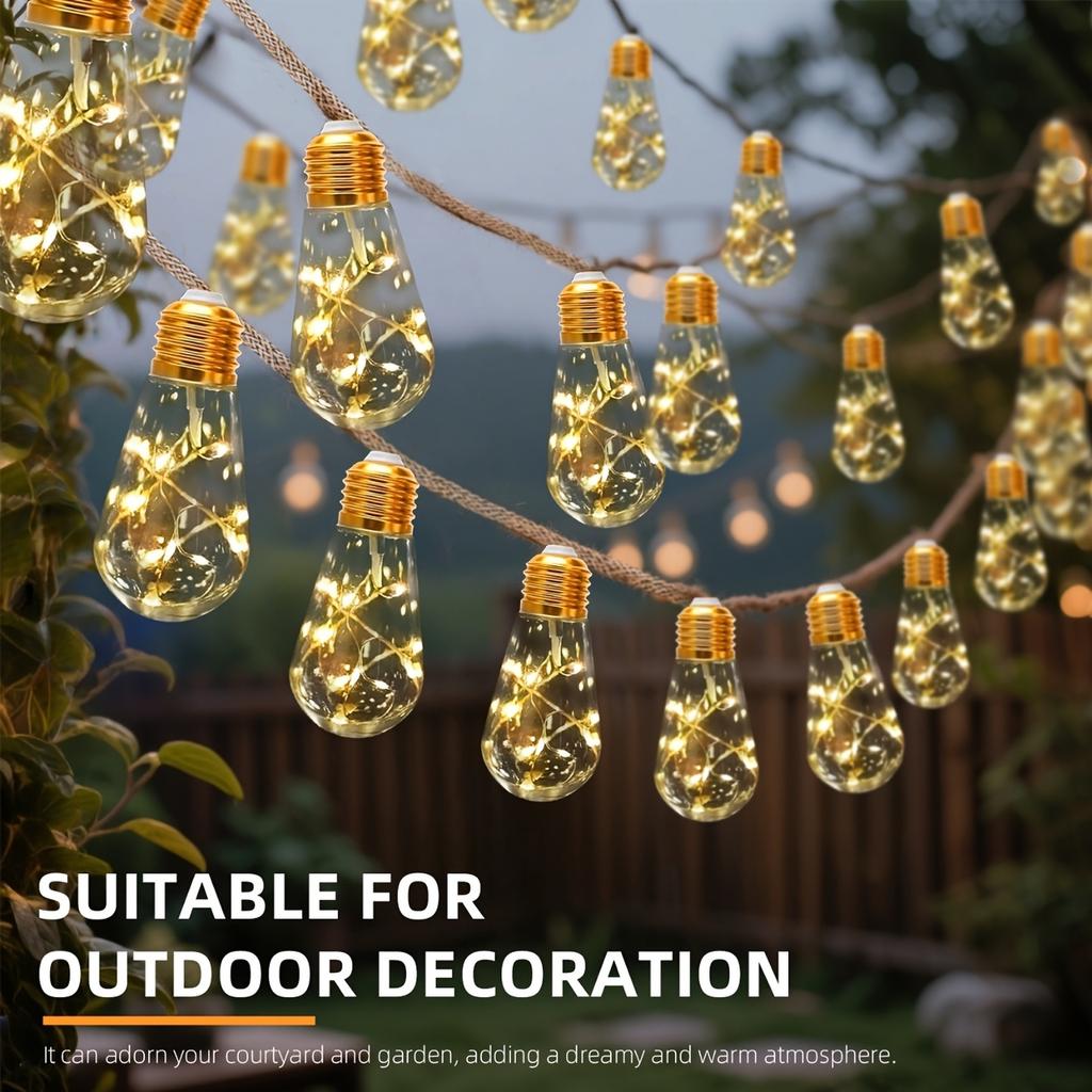 Solar Powered Outdoor String Lights, 15 Bulb String Lights With 8 Lighting Modes