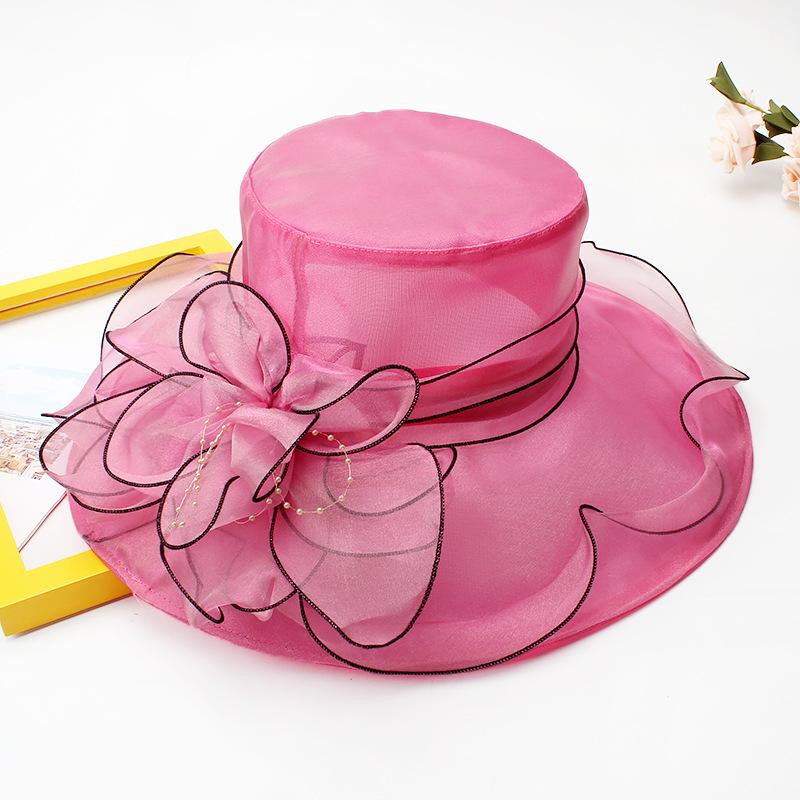 Hat Female Summer Vintage British Style Organza Flower Vacation Big Eaves Beach Sunscreen Flat Top Sun Hat