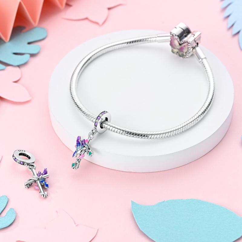 Charms Plata Blue-Purple Hummingbird Crucifix Pendants Fit Original Bracelets Charms For Women Jewelry Diy Making Gifts
