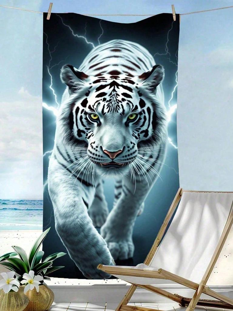 Cooles Weißer Tiger Strandtuch, Mikrofaser Schnelltrocknend Atmungsaktiv Große Größe, Fitnessstudio Yoga Poolseite, 3D Blitz Tierdruck Handtuch