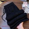 Amerikaanse Stijl Zwart Overal De Hemel Strass Wijde Pijpen Broek Dames Zomer Mode Hoge Taille Rechte Casual Broek.