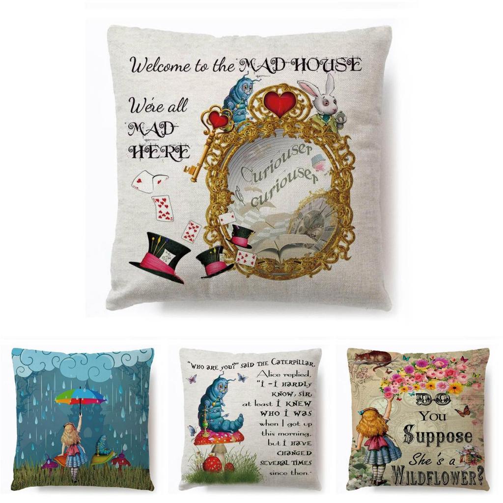 Cartoon Alice In Wonderland Cotton Linen Cushion Cover For Any Room**