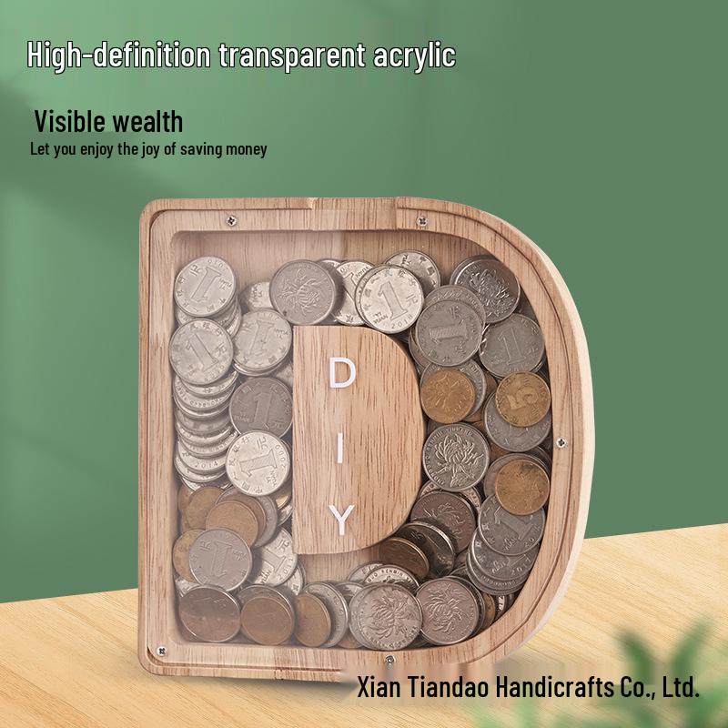 Wooden Alphabet Piggy Bank: Transparent Coin Storage Box for Kids
