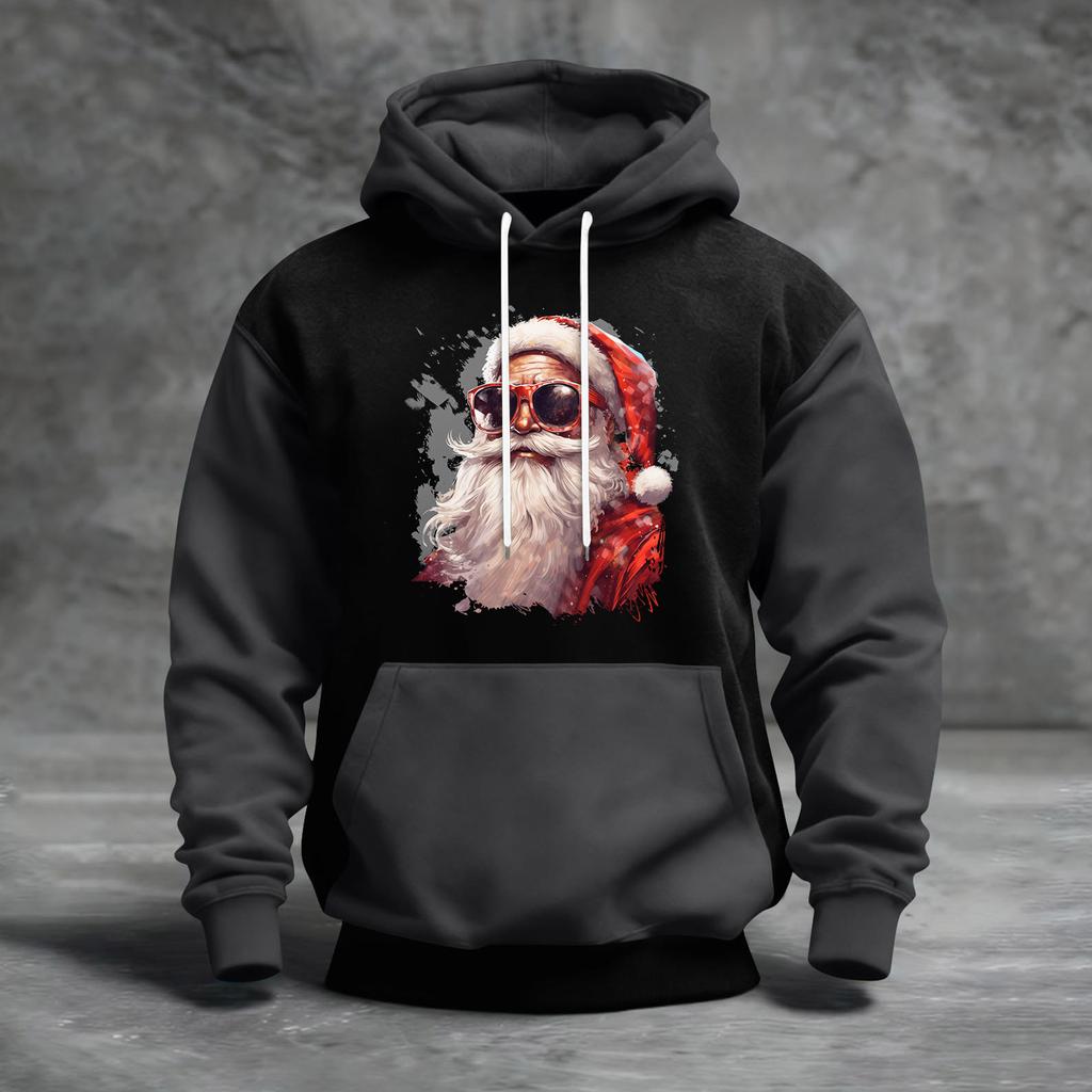 Erkek Noel Baskılı Renk Bloklu Kapüşonlu Günlük Spor Konfor Sweatshirt