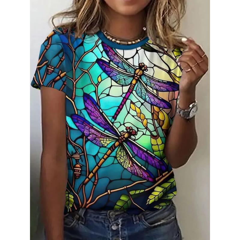 Fashion Women's Crew Neck T-Shirt 3D Color Printing Crew Neck Short Sleeve