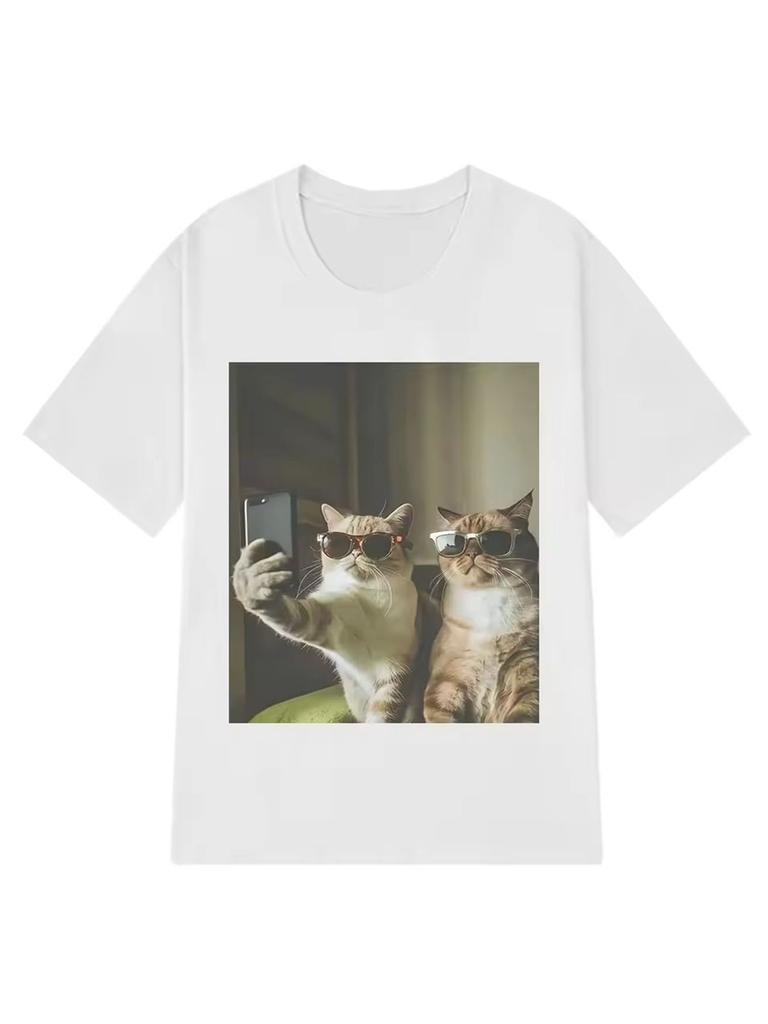 T-shirt Meme Gatto Divertente Amici Retro Selfie Unisex Donna Moda Harajuku T-shirt Manica Corta Cotone Hip Hop Casual