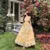French Dopamine Yellow Beautiful Seaside Fairy Fluttering Holiday Pendulum Suspender Dress Printed Photo Dress