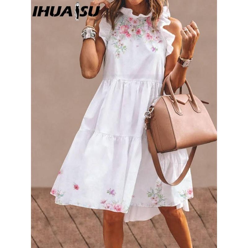 IHUASU Women Floral Print Dress Loose Streetwear Knee Length Sleeveless Ruffle Party Dress S-3XL