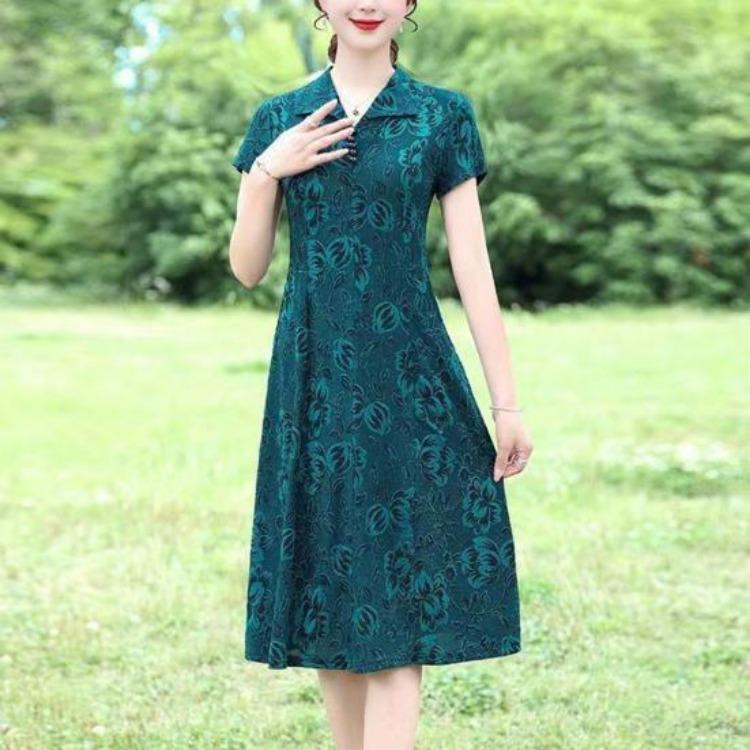 Spring Fall Floral Printed V Neck Lapel Collar Short Sleeves A-Line Midi Dress Casual Knee Length Dress for Women Middle Aged Ladies