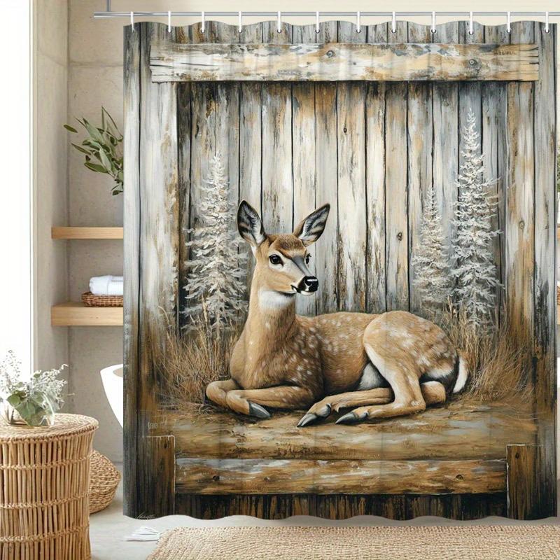 1Pc Deer Shower Curtain - Snow-Covered Pine Trees, Serene Natural Ambiance, 70.8X70.8", 12 Hooks, Polyester, Machine Washable
