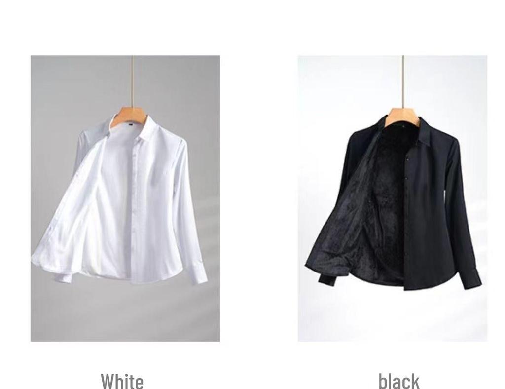 Women's Flocked White Long Sleeve Warm Fleece Shirt - Formal Workwear, Autumn/Winter 2025