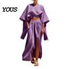 Lightweight Polyester Suit Women Summer 2 Piece Outfits, Batwing Half Sleeve Crop Top Spring Autumn And High Slit Maxi Skirt Travel Vacation Matching