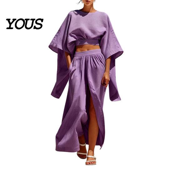 Lightweight Polyester Suit Women Summer 2 Piece Outfits, Batwing Half Sleeve Crop Top Spring Autumn And High Slit Maxi Skirt Travel Vacation Matching