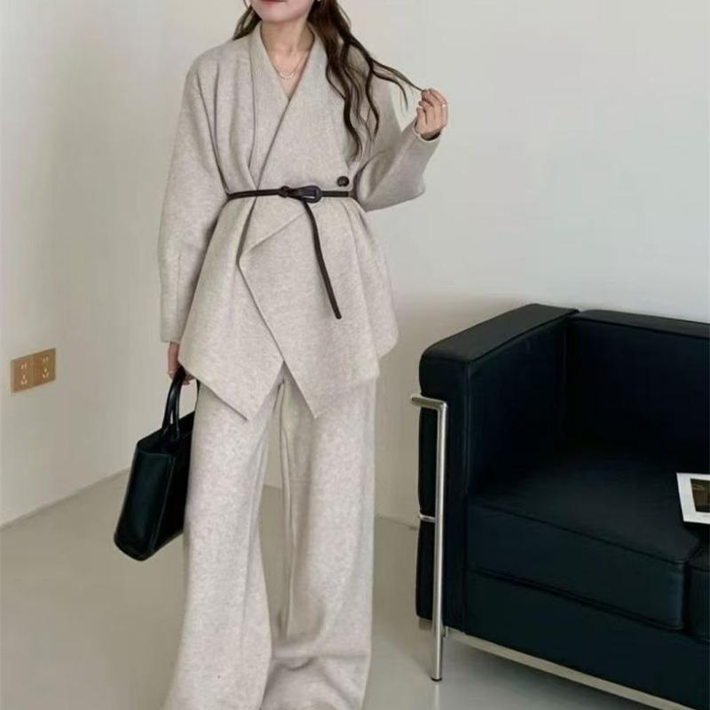 Lazy high-end large-size knitted suit for women's autumn and winter new large lapel sweater jacket wide-leg pants two-piece set for women
