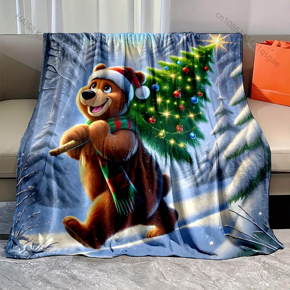 Festive Bear and Christmas Tree Pattern Blanket Flannel Material Soft Warm for All Seasons, Home Outdoor Camping Picnics RV