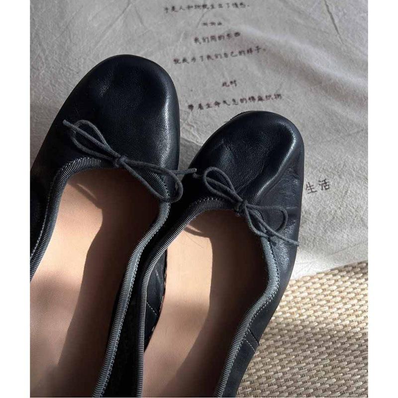 Sheepskin version French with skirt, ballet shoes, round head bow, genuine leather shoes, retro shallow mouth flat sole shoes women