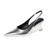 Fashion Luxury Wedges Silver Sandals Woman Slingback Block High Heels Shoes Ladies Office Rear Strap Sandalias Pointed Toe Tacones Mujer