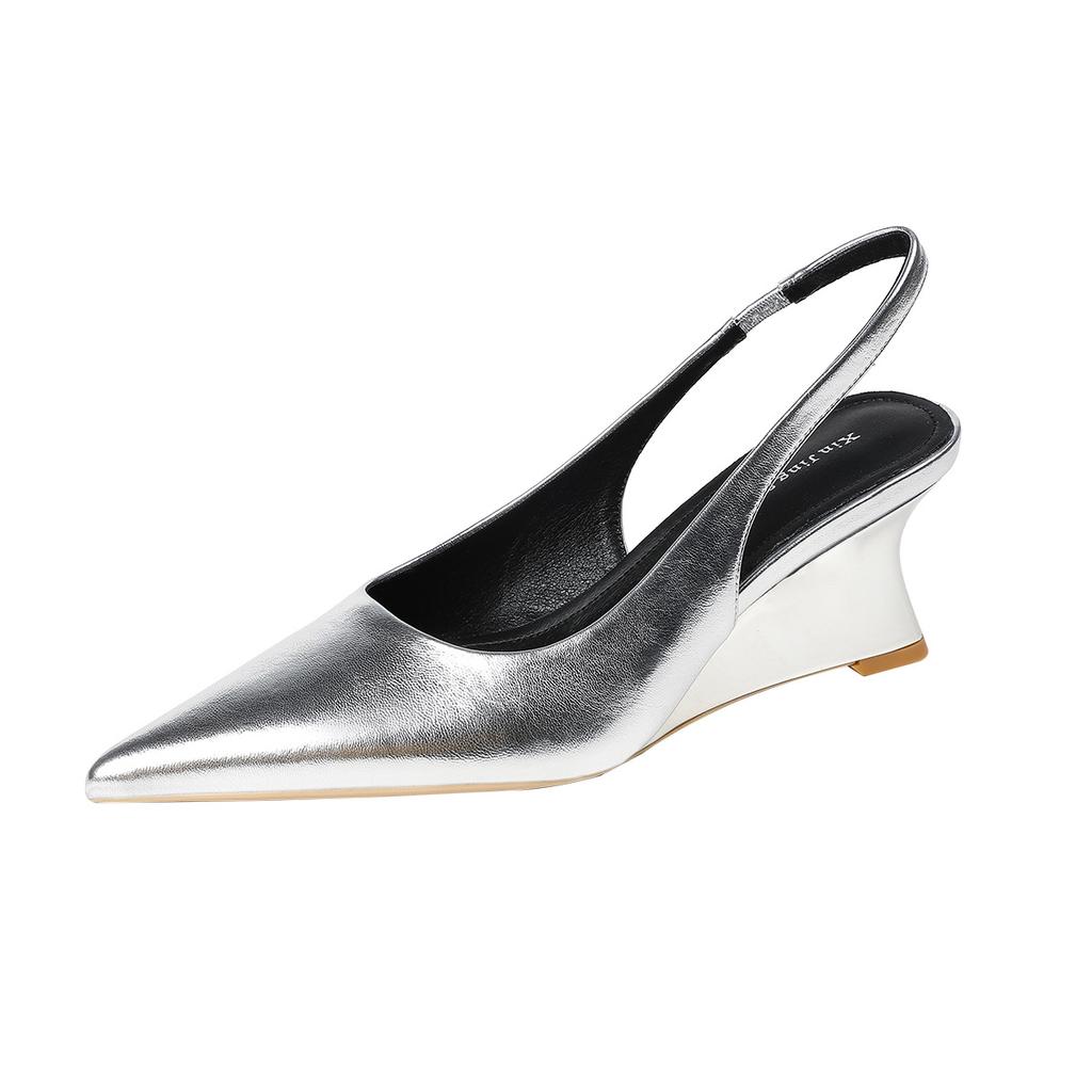 Fashion Luxury Wedges Silver Sandals Woman Slingback Block High Heels Shoes Ladies Office Rear Strap Sandalias Pointed Toe Tacones Mujer